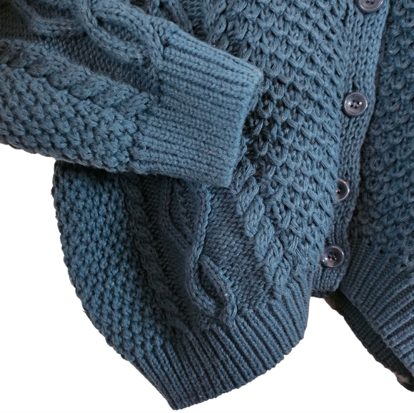 Molly Bracken Chunky Cable Knit Cardigan Sweater Teal Blue Green, Size L - Picture 5 of 7
